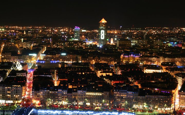 Gorgeous night view of Lyon city during the Festival of Lights. 
