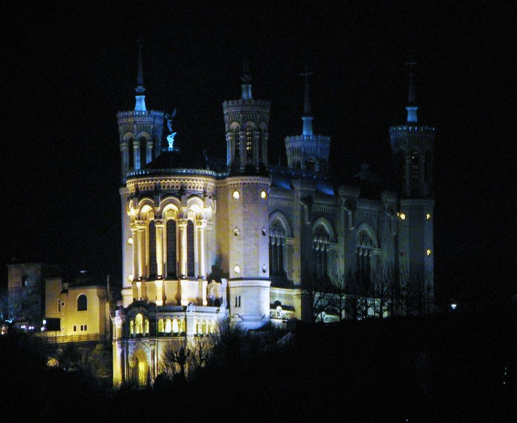 The Fourviere Basilica at night in Lyon