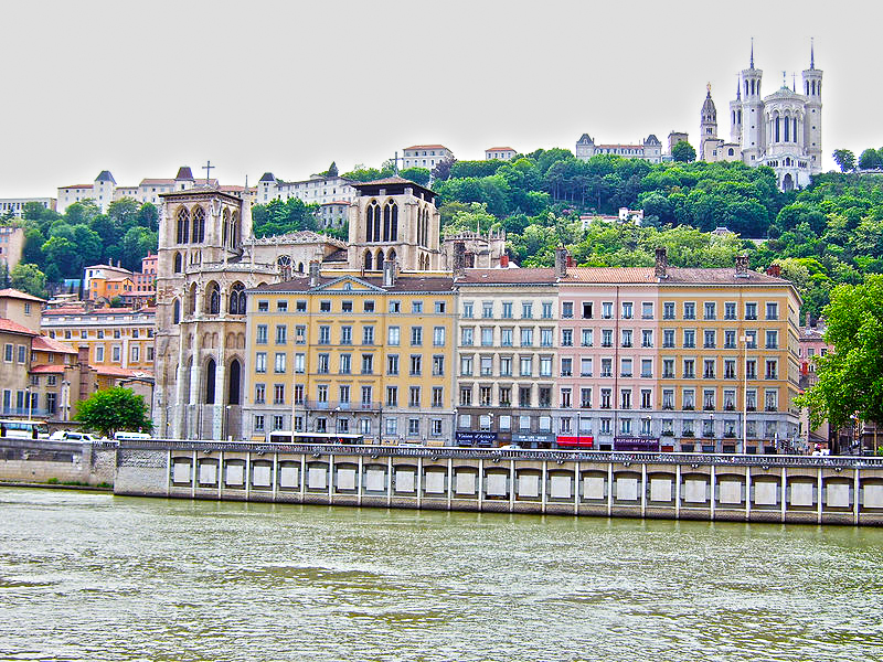 The Cathedral of St Jean behind some buildings in Vieux Lyon.