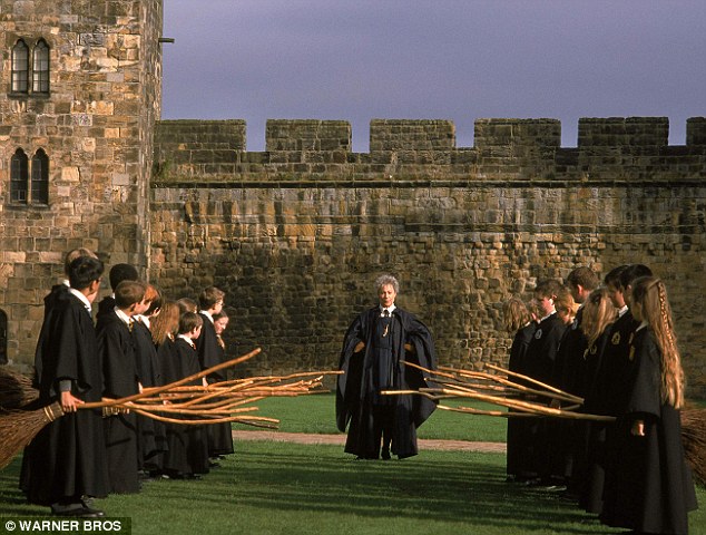 The little wizards in Harry Potter prepare to take off on their broomsticks at Alnwick Castle. 