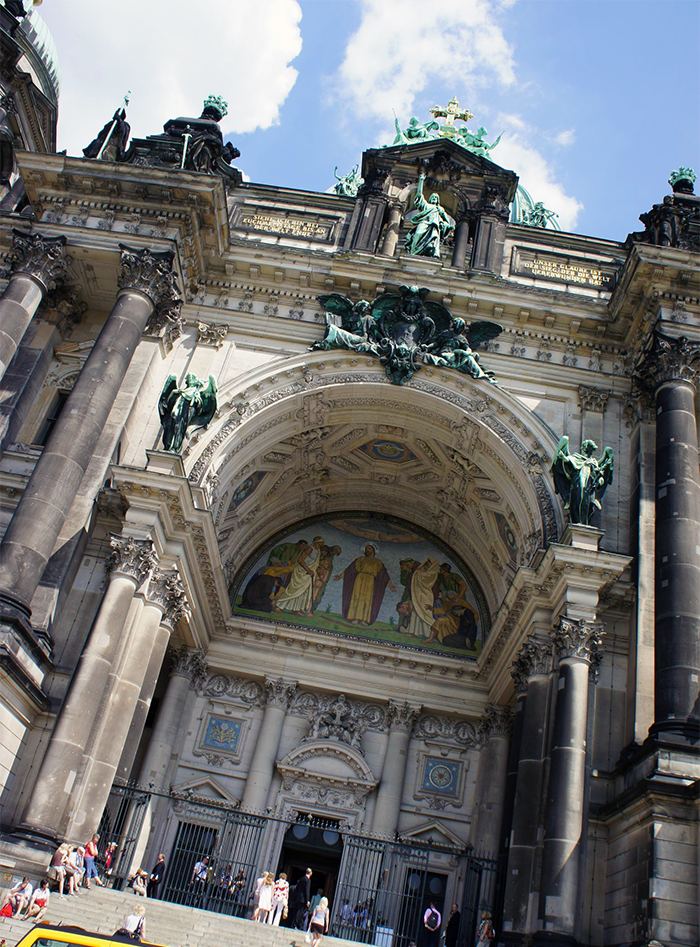 A look at the ornate design of the Berlin Cathedral's facade.