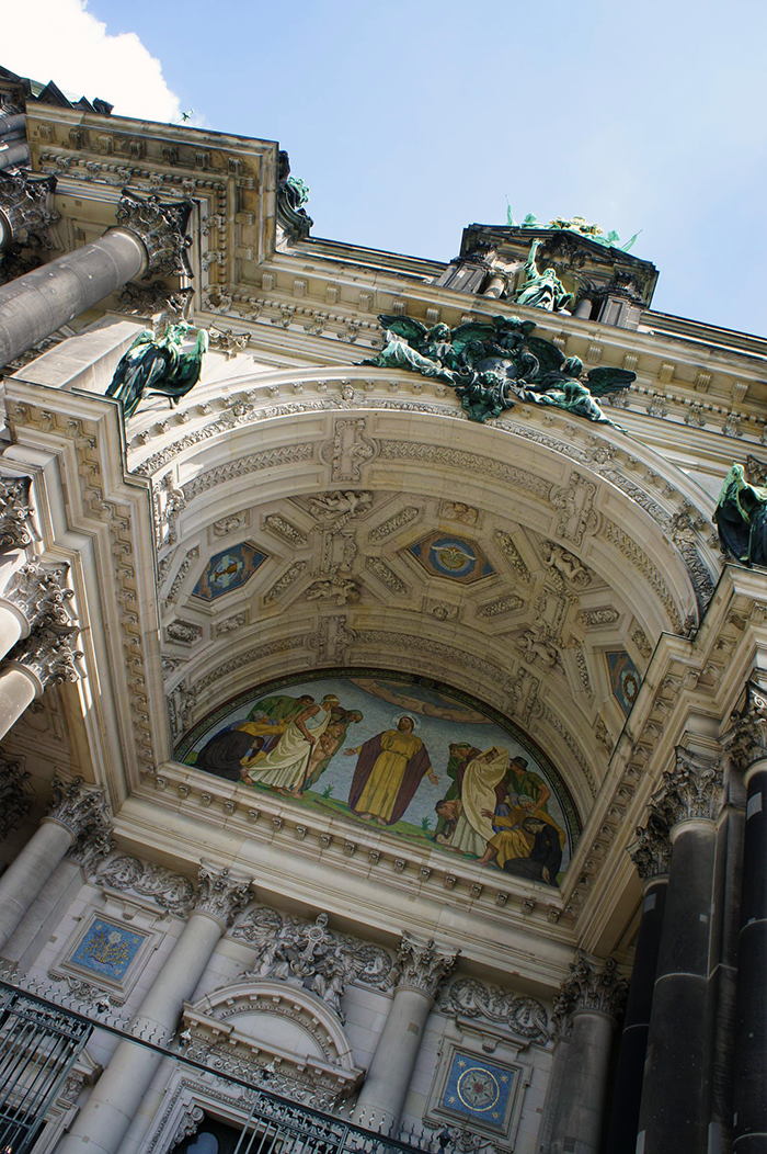 A close up of the intricate facade of the Berliner Dome. 
